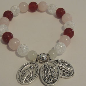 Edelstein Bettelarmband: Mondstein, Rosenquarz, Karneol, Wundertätige Medaille