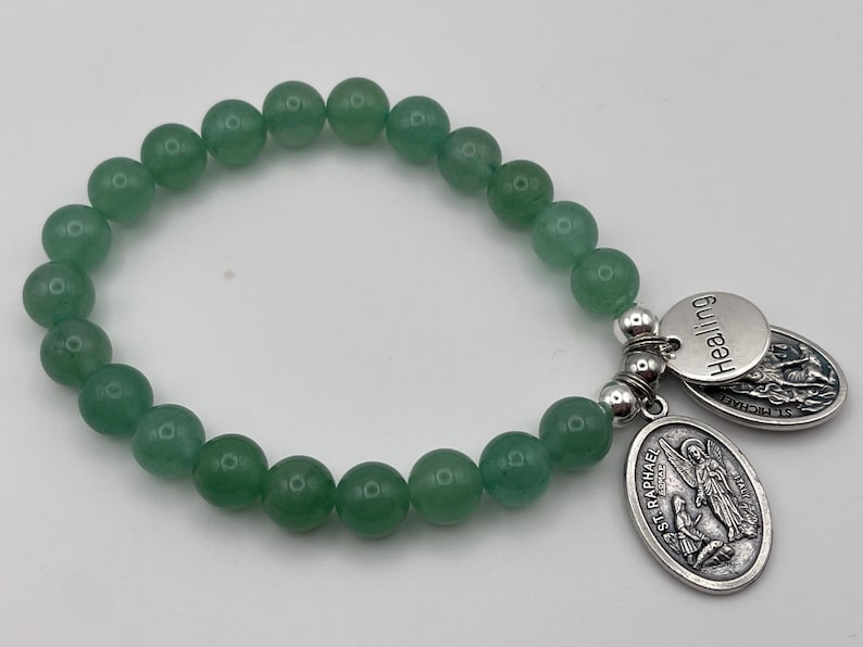 St Raphael Green Aventurine Healing Bracelet, St Michael Guardian Angel Medal image 2