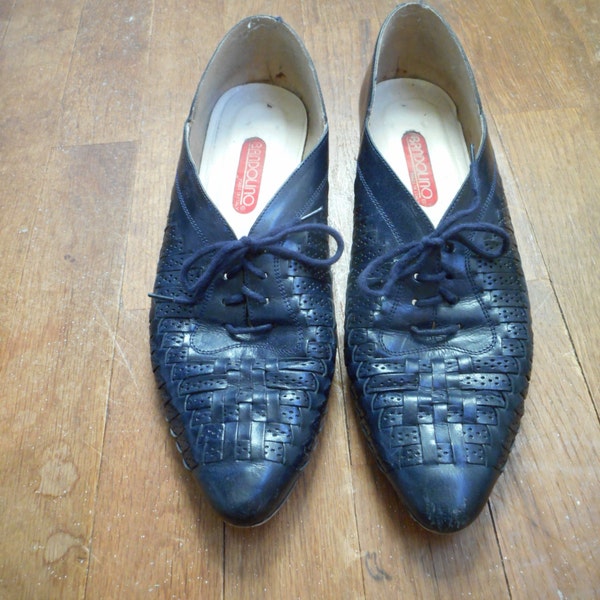 vintage 80s bandolino made in italy slip on braided blue leather low vamp lace up loafers womens shoe size 9 N