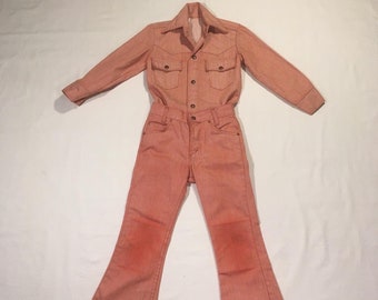 vintage 70s Levis kids red denim jacket shirt bells jeans 2 piece western bell bottom pant suit two piece set white tab hippie boho disco