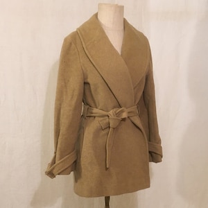 vintage 60s pendleton wrap coat womens pure virgin wool shawl collar woolen mills 1960s ladies camel beige tie waist jacket made in usa