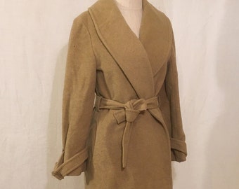 vintage 60s pendleton wrap coat womens pure virgin wool shawl collar woolen mills 1960s ladies camel beige tie waist jacket made in usa