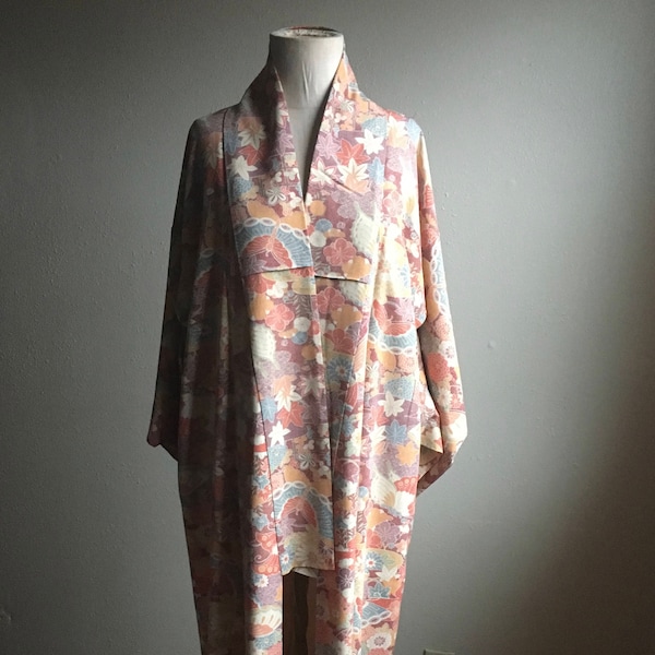 vintage traditional japanese kimono robe silk butterfly flower polka dot print