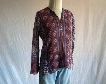 vintage 70s indian cotton gauze blouse tapestry pattern block dye shirt made in india