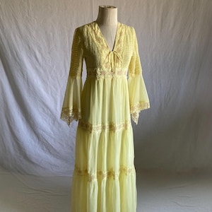 vintage 70s pastel yellow smock maxi dress angel smock trumpet sleeve hippie boho country wedding medieval gown