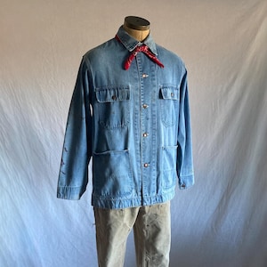 vintage 60s chore jacket barn coat denim blue jean big mac 4 pocket 1960s work wear