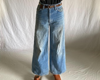 vintage 70s normandee blue jeans bells wide leg high waist 28 hippie boho worn in denim
