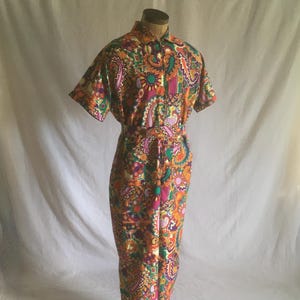vintage 60s belted zip up jumpsuit at ease by weldon living wear lounge wear bright psychedelic 1960s fashion trippy paisley coveralls boteh