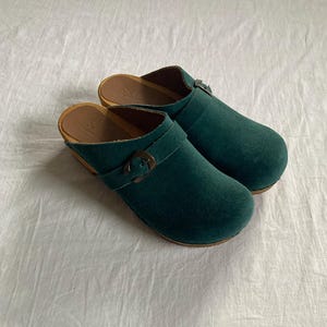 vintage sanita hedi clogs 37 teal green suede leather wooden clog mule original danish made in poland hippie boho shoes