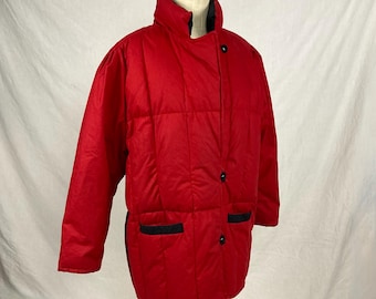 vintage 80s bill blass red puffer jacket womens down coat 1980s fashion