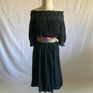 vintage greek gauze dress cotton rayon made in greece black pleated goddess hippie boho cold shoulder muumuu