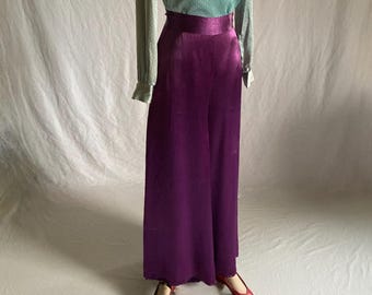 vintage 30s purple silky satin beach pajama palazzo high waist side zip pants 26 1930s handmade ooak womens trousers
