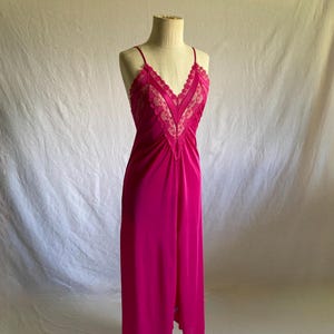 vintage 70s lady cameo hot pink nylon nightgown cross back lace trim 1970 lingerie maxi dress slip satin fuscia made in usa plunge back