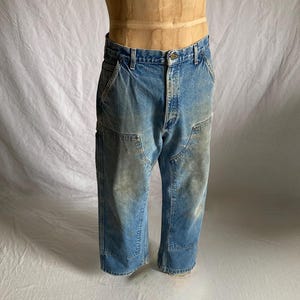 vintage carhartt B73 DST dungaree fit double knee blue jeans work pants distressed faded worn in 33