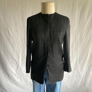 vintage 90s black linen blazer herring bone summer jacket button up nehru collar womens 1990s minimalist style