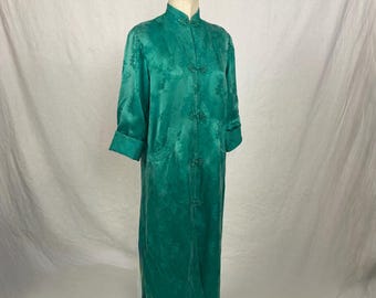 vintage 60s silver lake green satin chinese kimono robe dress frog buttons jacquered bamboo plum quilted duster jacket boho style