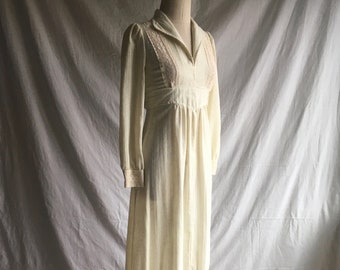 vintage 70s patty oneil natural cotton muslin tie back long sleeve prairie dress