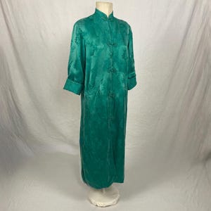 vintage 60er jahre silber seegrün satin kimono kleid froschknöpfe jacquered saphir pflaume duster boho style