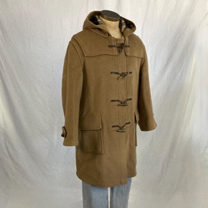 vintage gloverall classic duffle coat wool blend english made in england chin strap horn toggle pancake hood camel plaid lined
