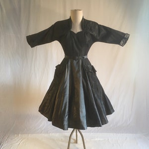 vintage 50s grey shark skin taffeta fit flare dress side zipper steel cut beaded collar and pocket cuffs sweetheart neck