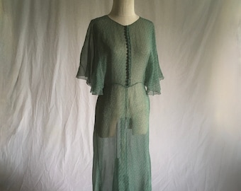 vintage 30s green chiffon dress angel wing full length sheer green white print evening gown 1930s womens fashion