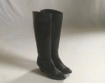 vintage 70s black leather side zip knee high boots made in italy womens 8 1970s footwear fashion