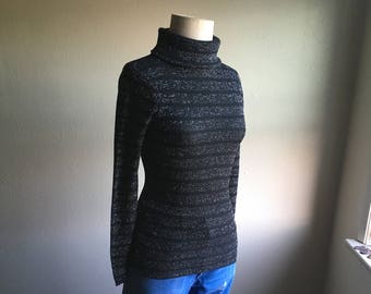 vintage 70s keneth knits metallic silver black striped weave long sleeve turtleneck sweater