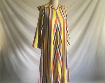 vintage 60s caftan striped hooded dress bell sleeve zip front djellaba hooded kaftan lounge wear 1960s summer beach cover
