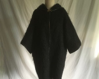vintage 60s black hooded shaggy mohair coat bonnie cashin design sills and co fuzzy blanket jacket womens 1960s fashion