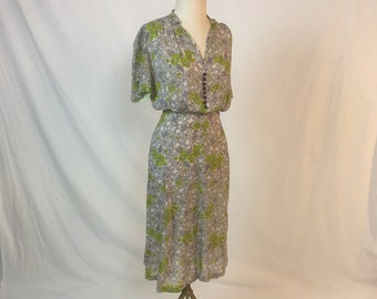 vintage 50s day dress snap side grey chartreuse floral abstract print 1950s handmade womens fashion ooak homemade