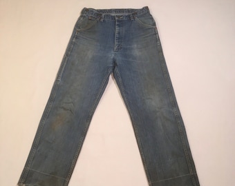vintage 70s lee blue jeans logger ogrodniczki szelki guziki 31 x 29 noszone w odzieży roboczej wyprodukowane w usa