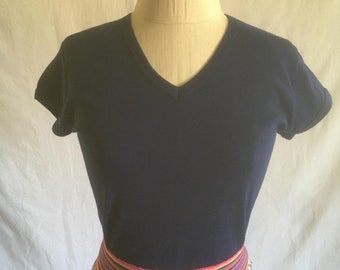vintage 70s womens v neck dark blue cap sleeve t shirt 1970s fashion basics baby tee