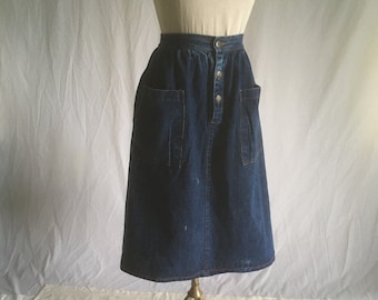 vintage 80s button up blue jean skirt w/ pockets mass confusion 1980s womens fashion