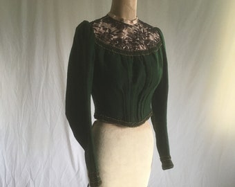 vintage 1890s Victorian ladies green felt stayed corset blouse black braided trim antique womens winter dress shirt
