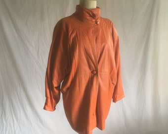 Vintage 80er Jahre orangefarbene Lederjacke in Übergröße, hergestellt in Italien, Norma della Legge, Damenmode der 1980er Jahre