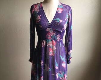 vintage 70s paula exclusively for the limited v neck smock waistband purple floral gauze dress ILGWU made in usa
