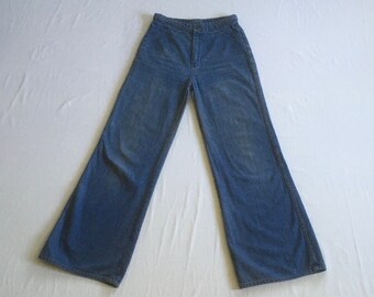 vintage 70s bell bottom high waist blue jeans hip huggers braided waist womens 1970s hippie boho lerner shops 29/30 x 32
