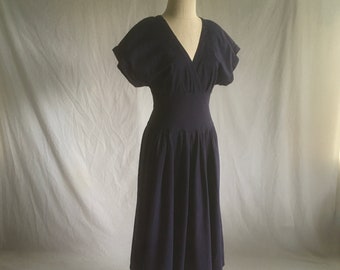 vintage 90er kleid ann tjian kenar 2 blau leinen baumwolle kreuzoberweite knopf hinten breites band 1990er jahre kleid