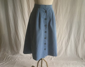 vintage 70s handmade blue twill button up pleated skirt w/pockets waist 29