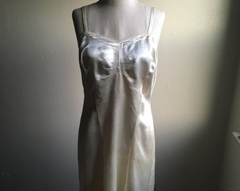 vintage 40s white satin back zip dress slip w34 lingerie
