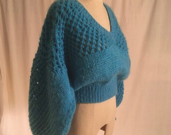 vintage hand knit fuzzy sweater high waist asymmetrical balloon sleeve turquoise blue boxy loose knit