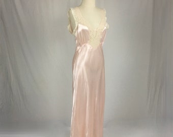 vintage 40s Radelle lingerie Bur-Mil quality rayon and lace bias cut pink dress slip full length nightgown 1940s liquid bedroom gown