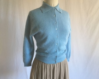 vintage 50s womens hugging sweater miss exquisite angora rabbit nylon lambs wool button up collared blue soft fuzzy cardigan