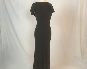 Vintage-Abendkleid aus den 30er-Jahren, schwarzes, juwelenbesetztes Chevron-Maxikleid mit hoher Taille und Knopfleiste hinten im alten Hollywood-Glamour-Damenstil der 1930er-Jahre