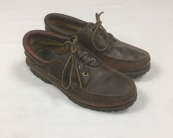 vintage 90s timberland 3 eye classic lug moc toe boat shoes mens 6 M, womens 7 1/2 made in usa 1990s tims preppy style