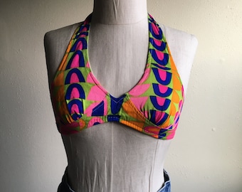 vintage 60s bright day glo abstract multi color op art print halter top bikini top