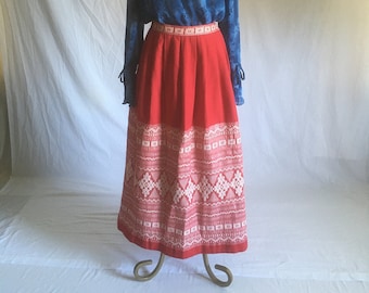 vintage 50s hand dyed red side zip embroidered skirt maxi traditional folk wear guatemalan hand loomed 1950s womens ethnic clothing