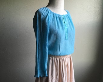 vintage 90s turquoise embroidered gauze sheer peasant blouse hippie boho 70s style comfort goddess fashion
