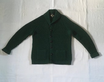 vintage 60s mens harilela's knit wear dark green shawl collar cardigan 1960s fall winter button up chunky lodge sweater