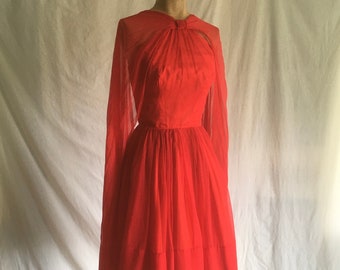 vintage 50s jr theme new york red chiffon slip lined zipper back neck scarf cocktail party dance evening dress ilgwu union made usa